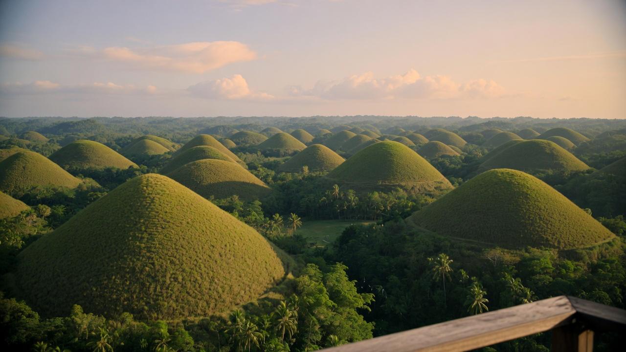 The rows of grass-covered conical Chocolate Hills of Bohol under open sky