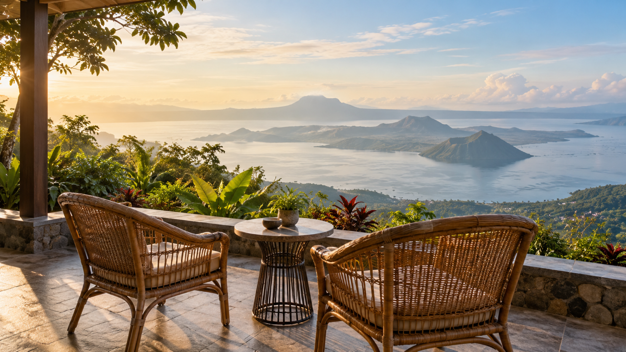 Two empty rattan chairs on a stone veranda overlooking Taal Lake and its volcano island in the Philippines at sunrise