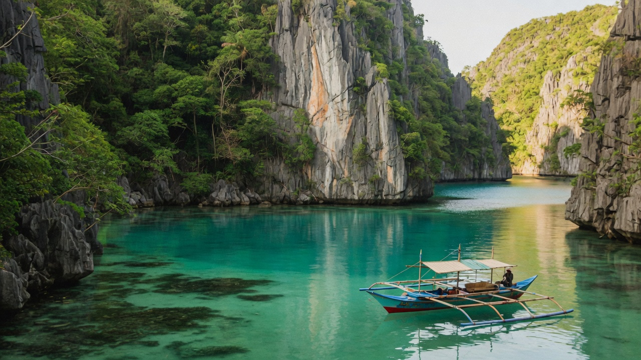 A traditional bangka outrigger in a turquoise limestone lagoon in Palawan