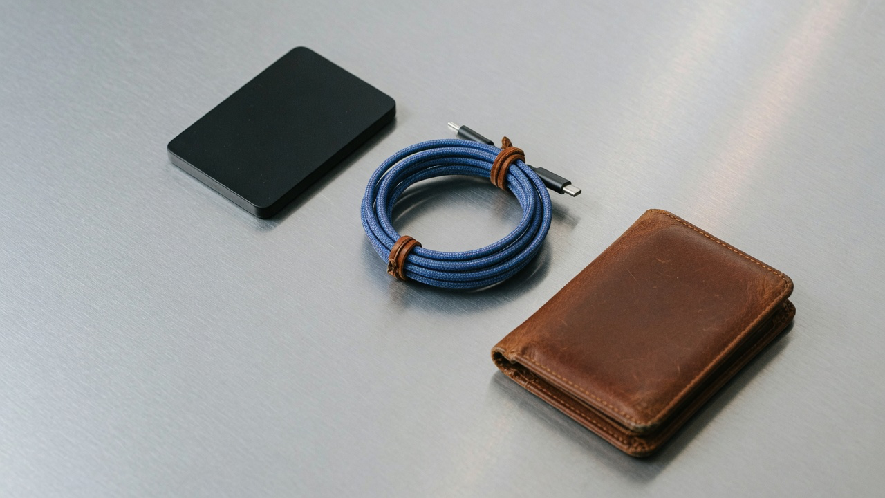 A matte black external drive, a coiled blue braided cable tied with a leather strap and a worn brown leather wallet on a brushed aluminium surface in cool even light