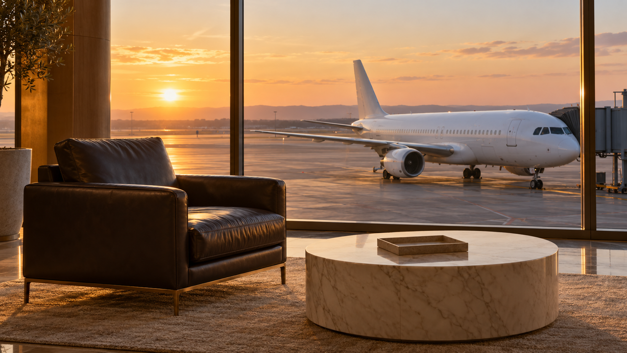 A leather armchair and a round marble coffee table in a quiet airport lounge, with a plain white aircraft parked beyond the tall window at sunset