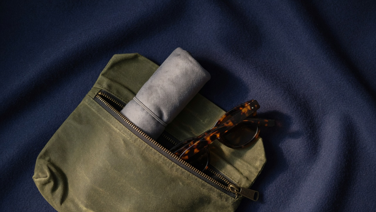 A half-unzipped olive waxed-canvas pouch on deep navy felt, with a rolled grey microfibre cloth and folded tortoiseshell sunglasses spilling from the opening in low raking light
