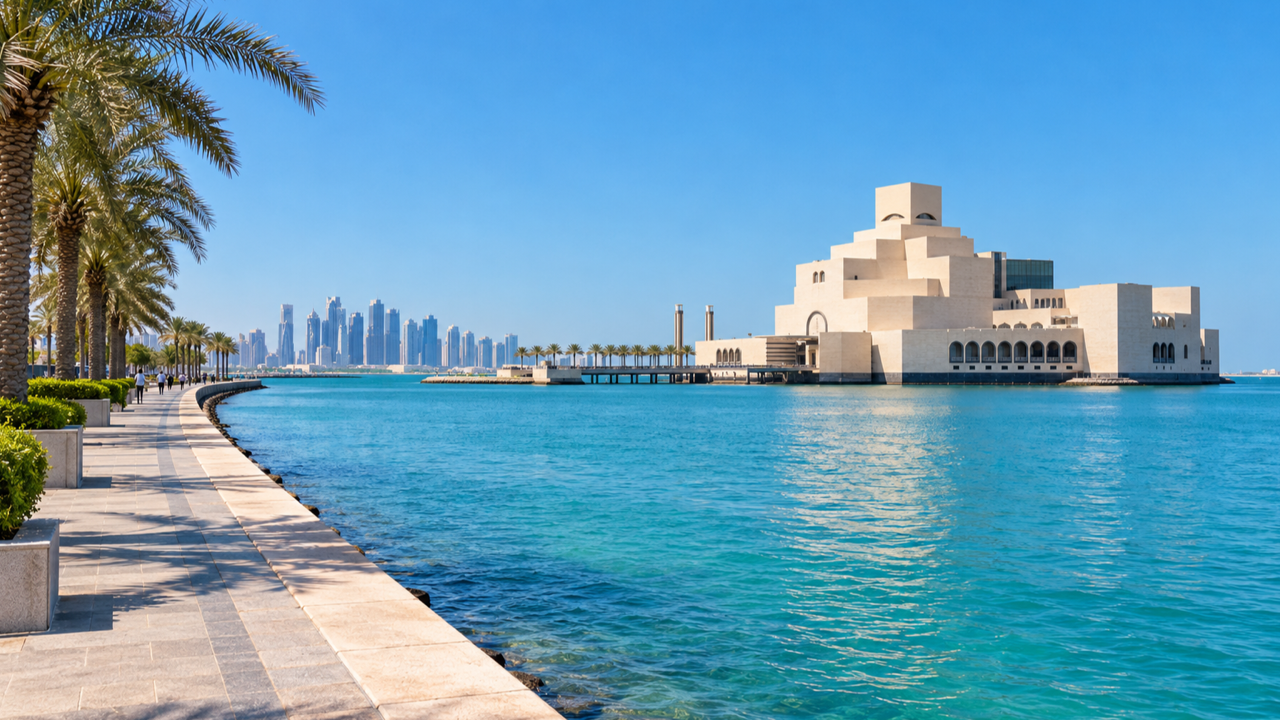 A pale limestone museum building on an island across turquoise water from a waterfront promenade lined with palms in Doha, Qatar, with towers in the distance under a clear blue sky