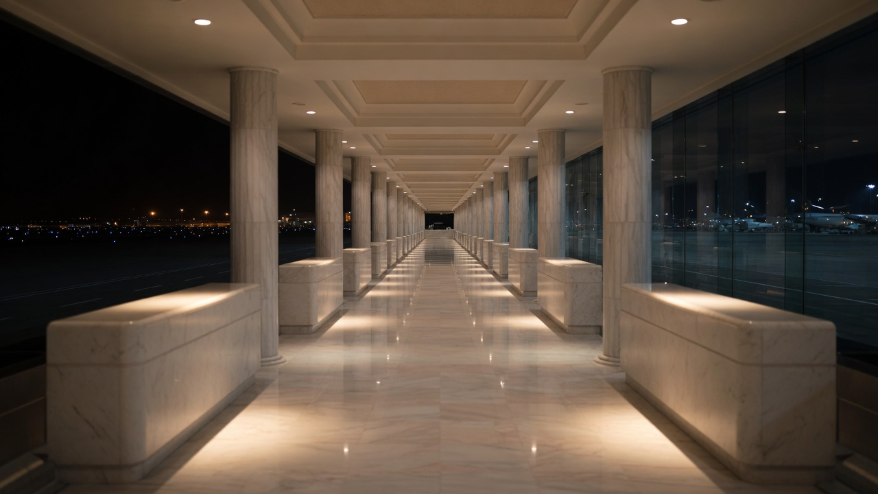 An empty premium airport check-in hall at night, pale marble counters and columns under warm downlights, the lit apron and parked aircraft visible beyond the glass