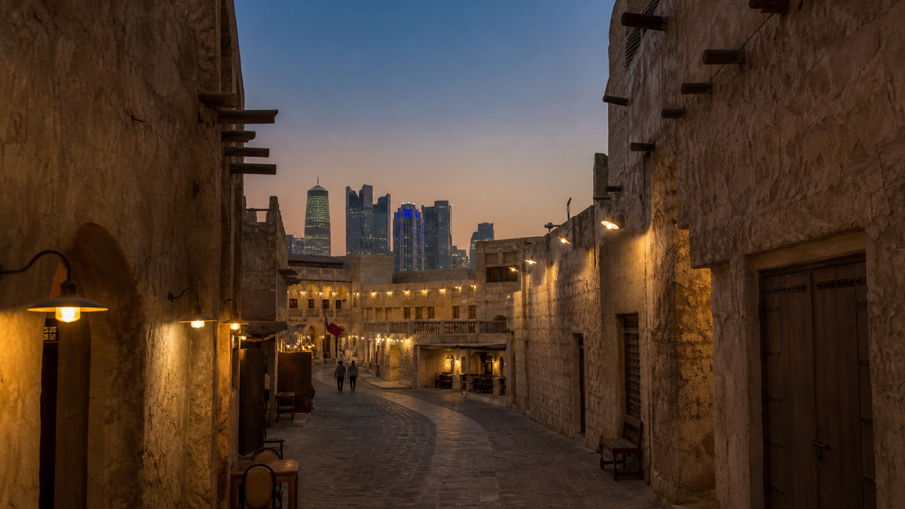 Lantern-lit stalls and archways of Souq Waqif market in Doha at dusk