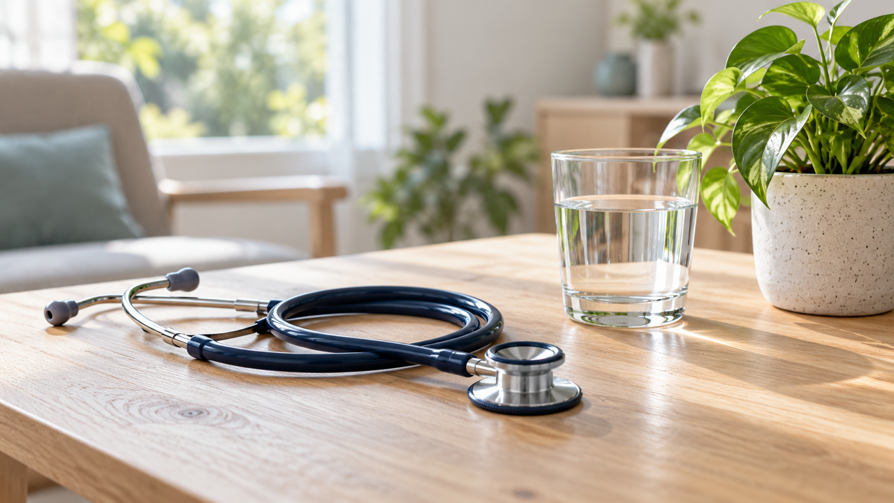 A navy stethoscope coiled on a pale wooden table beside a glass of water and a leafy potted plant in soft window light