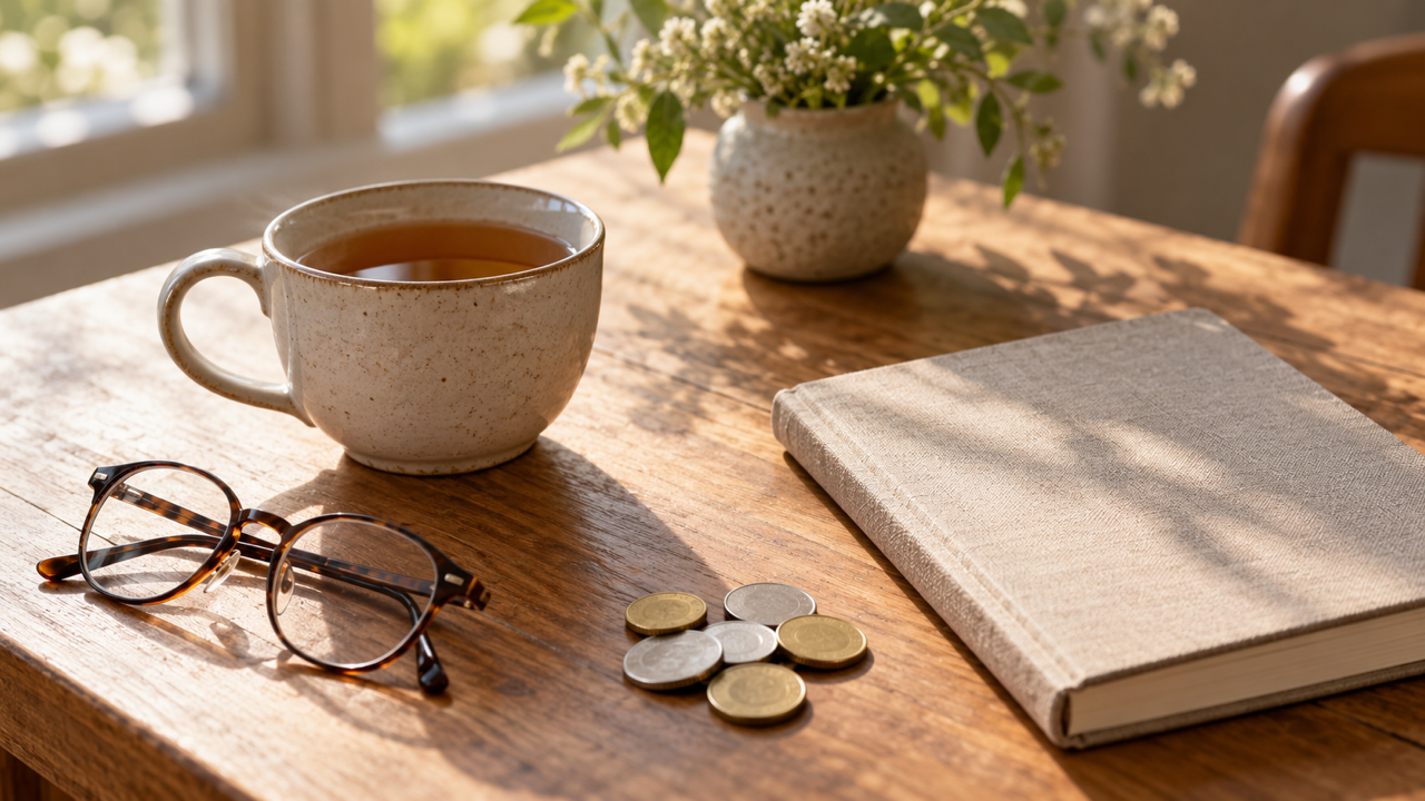 A glazed ceramic teacup, tortoiseshell reading glasses, a few silver and brass coins and a linen-bound notebook on a sunlit wooden table beside a small vase of white flowers