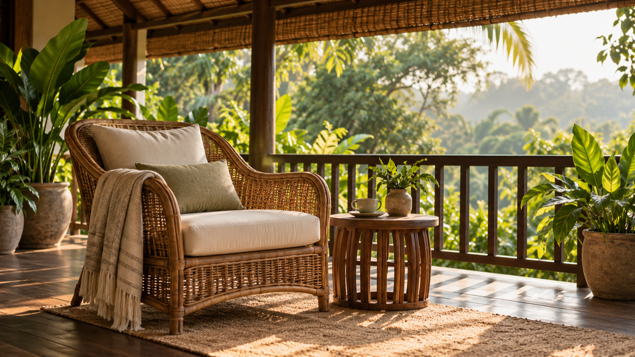 An empty rattan armchair with a folded throw beside a small wooden table and a cup of tea on a shaded veranda, with lush green trees beyond the railing in warm morning light