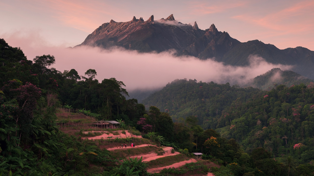 Mount Kinabalu in Sabah at dawn, its bare granite spires above a sea of low cloud, with tropical rainforest and terraced smallholdings on the slopes below in pink light
