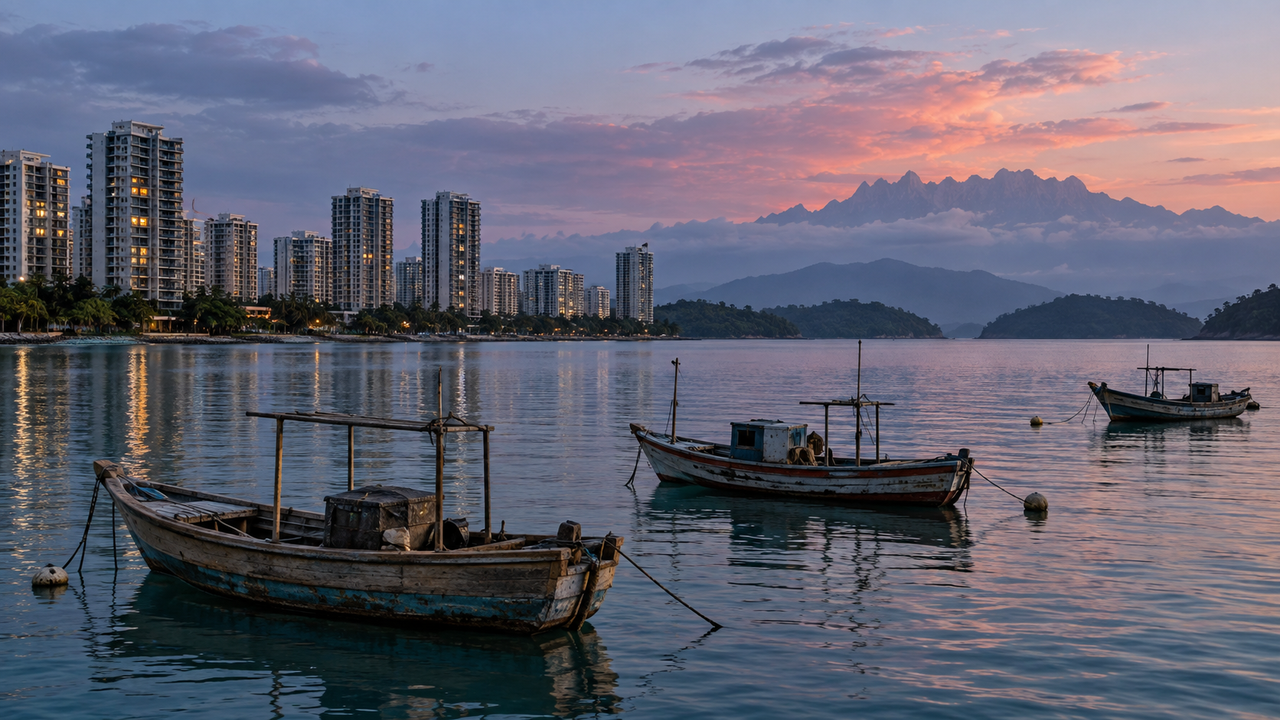 Wooden fishing boats moored in a calm bay in Sabah at dusk, high-rise apartment blocks along the shore and the jagged outline of Mount Kinabalu behind the hills