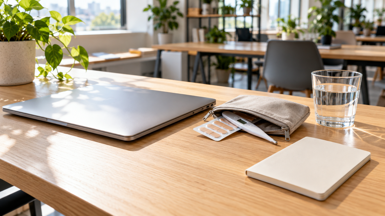 A sunlit oak desk in a bright shared workspace with a closed silver laptop, a small zipped pouch of plasters and a thermometer, a glass of water and a plain notebook