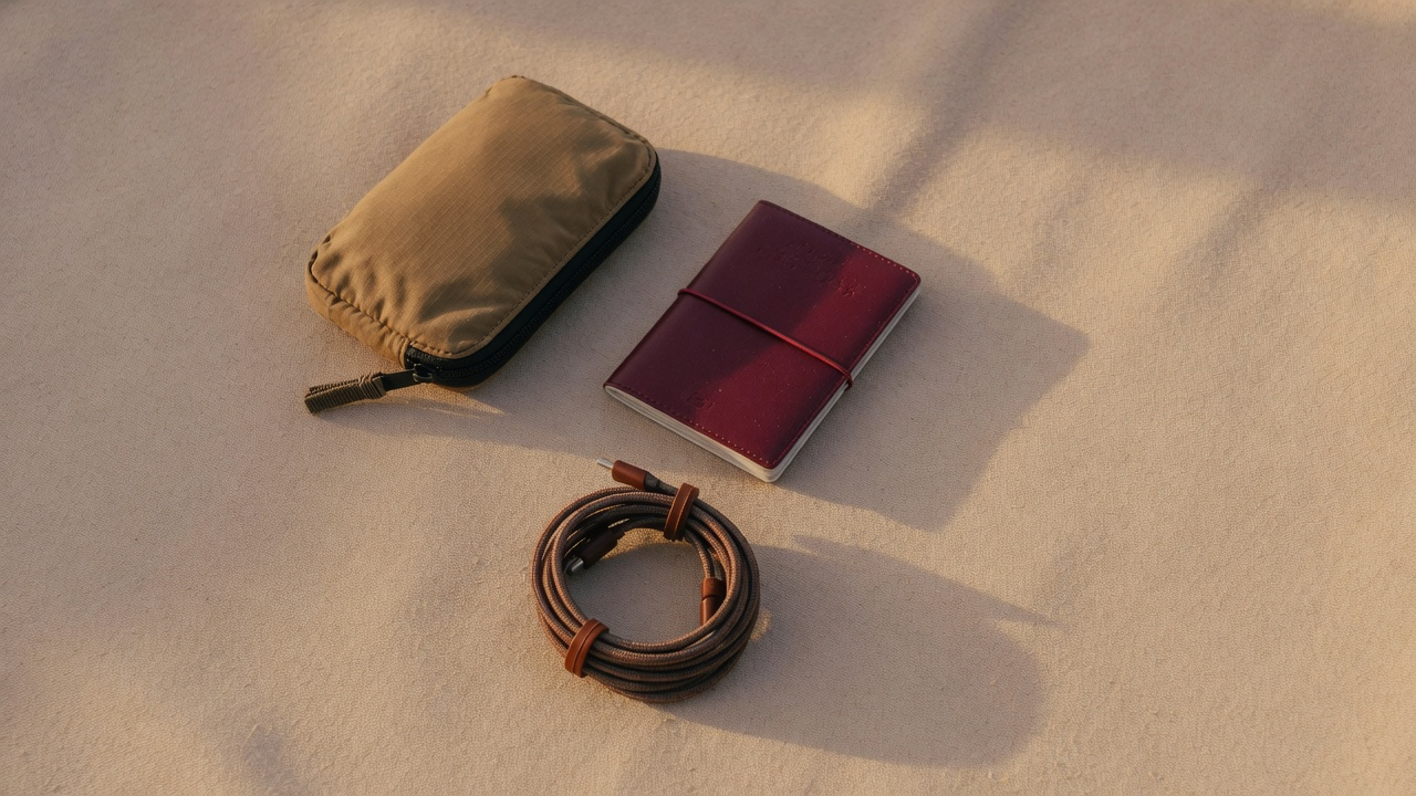 A tan zipped travel pouch, a burgundy notebook held by an elastic band and a coiled brown cable on sand coloured canvas in warm golden light