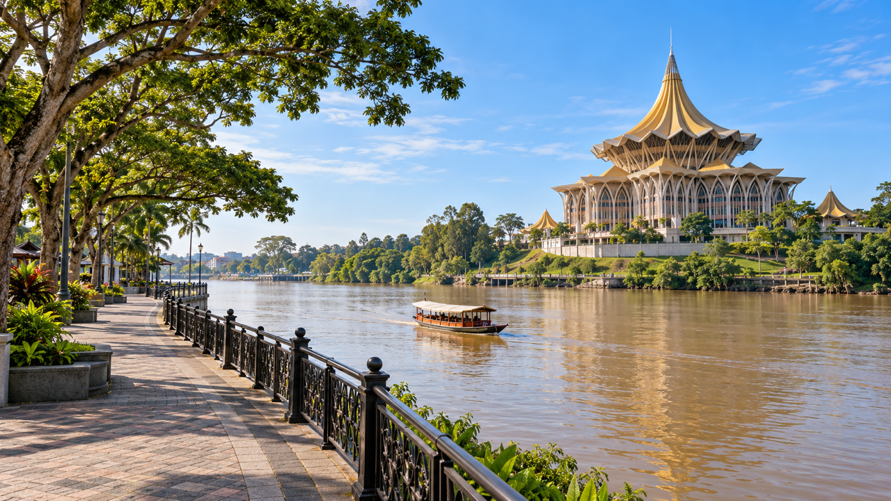 A tree shaded promenade beside the Sarawak River in Kuching, Malaysia, with a covered passenger boat on the water and the golden roofed State Legislative Assembly across the river