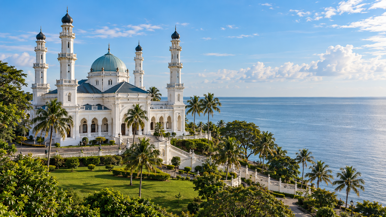 A white mosque with a blue green dome and tall minarets on a palm lined hillside above the sea on the coast of Malaysia
