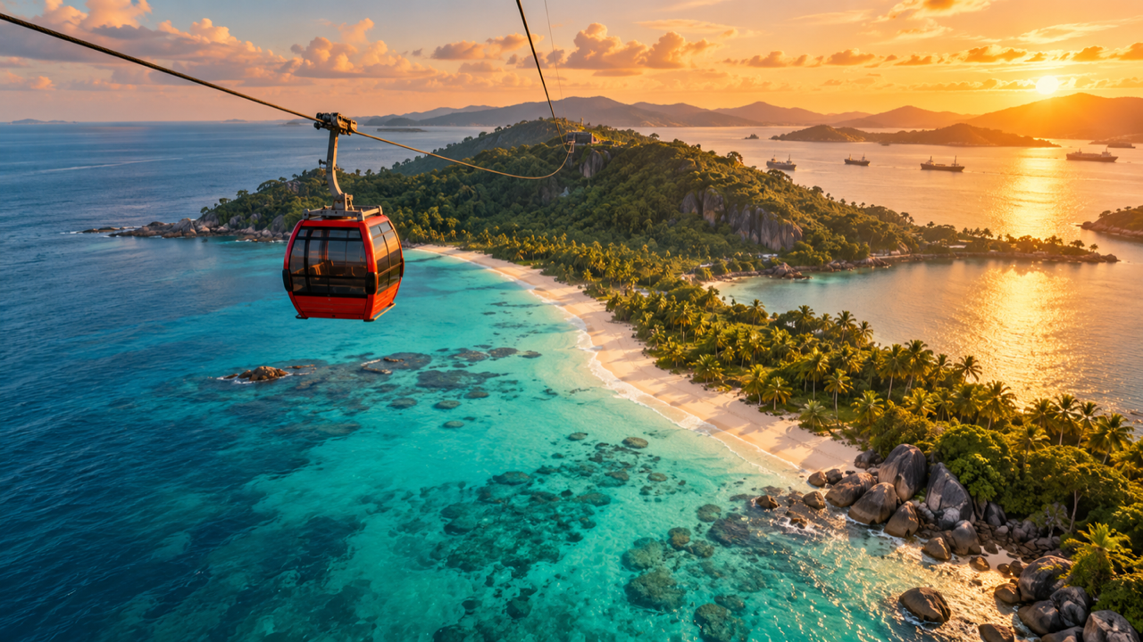 A red cable car gondola gliding high above turquoise water toward a palm-fringed island beach at sunset