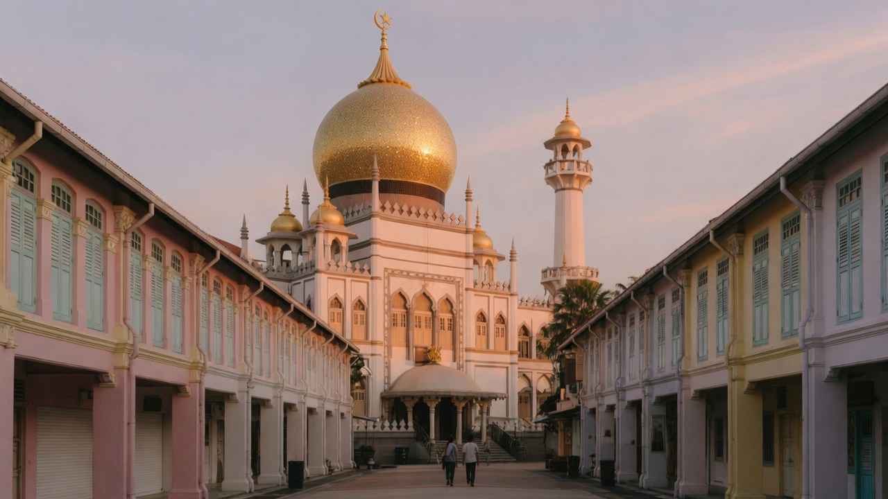 The golden dome and minarets of Sultan Mosque rising above the streets of Kampong Glam, Singapore