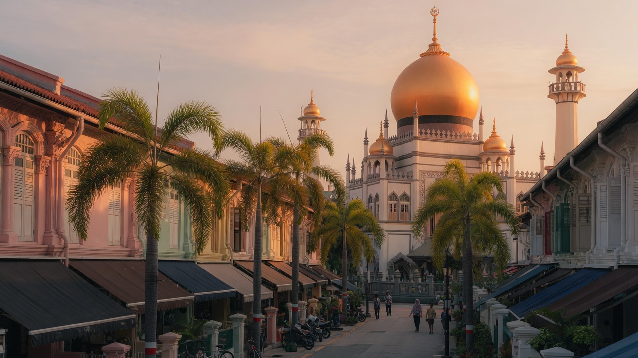 Sultan Mosque in Kampong Glam, Singapore, its large golden dome catching low golden-hour light above palm trees and a street of shophouses