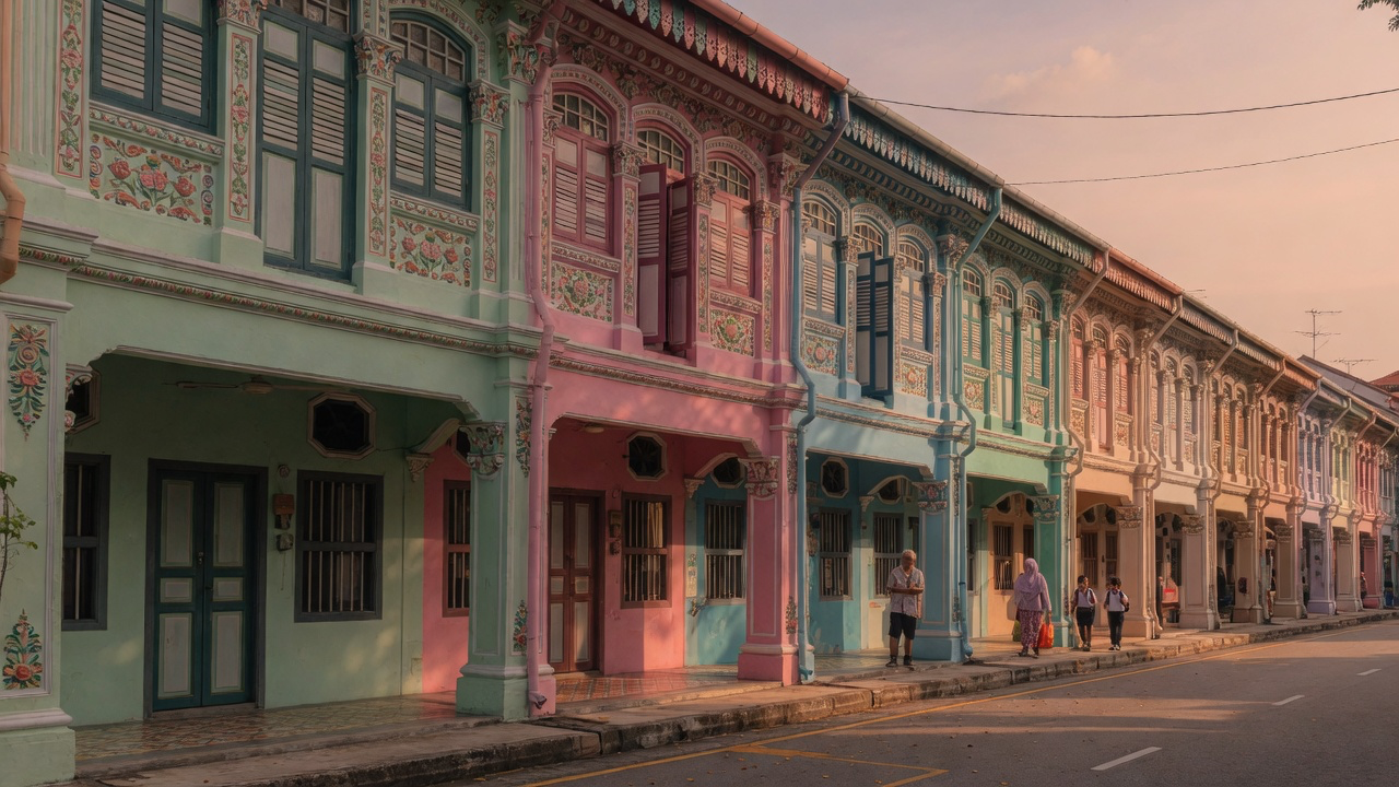 A row of restored Peranakan shophouses in Katong, Singapore, ornate pastel facades in mint, pink and blue with decorative tiles and louvred shutters in warm late light