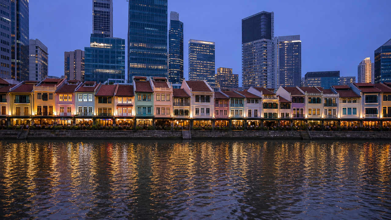 Shophouses and boats along the Singapore River at Boat Quay