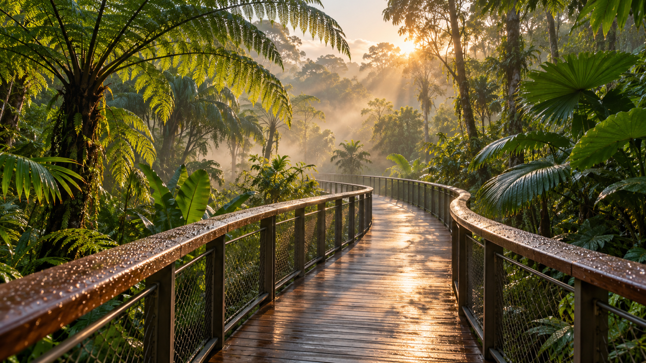 A dew-wet elevated wooden boardwalk curving through a misty rainforest of tree ferns and palms in Singapore, lit by a low morning sun