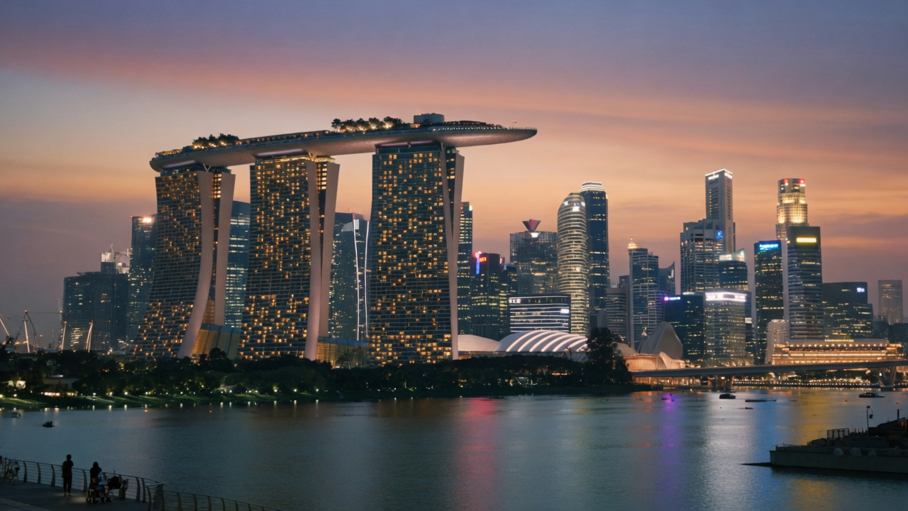 Marina Bay Sands and the Singapore skyline reflected across Marina Bay at dusk