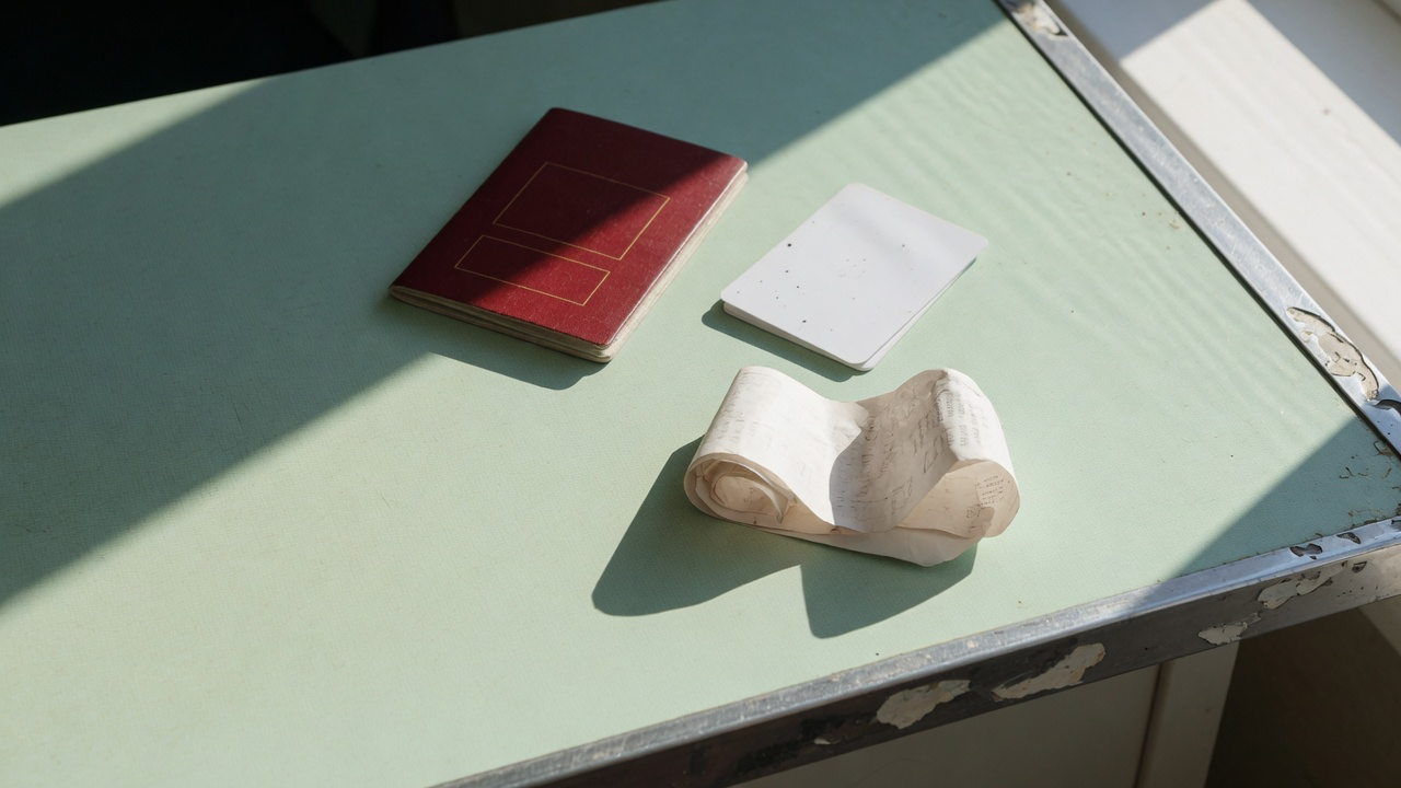 A dark red passport, a plain white plastic card and a curled paper receipt on a mint green laminate counter with a worn metal edge, in hard tropical sunlight