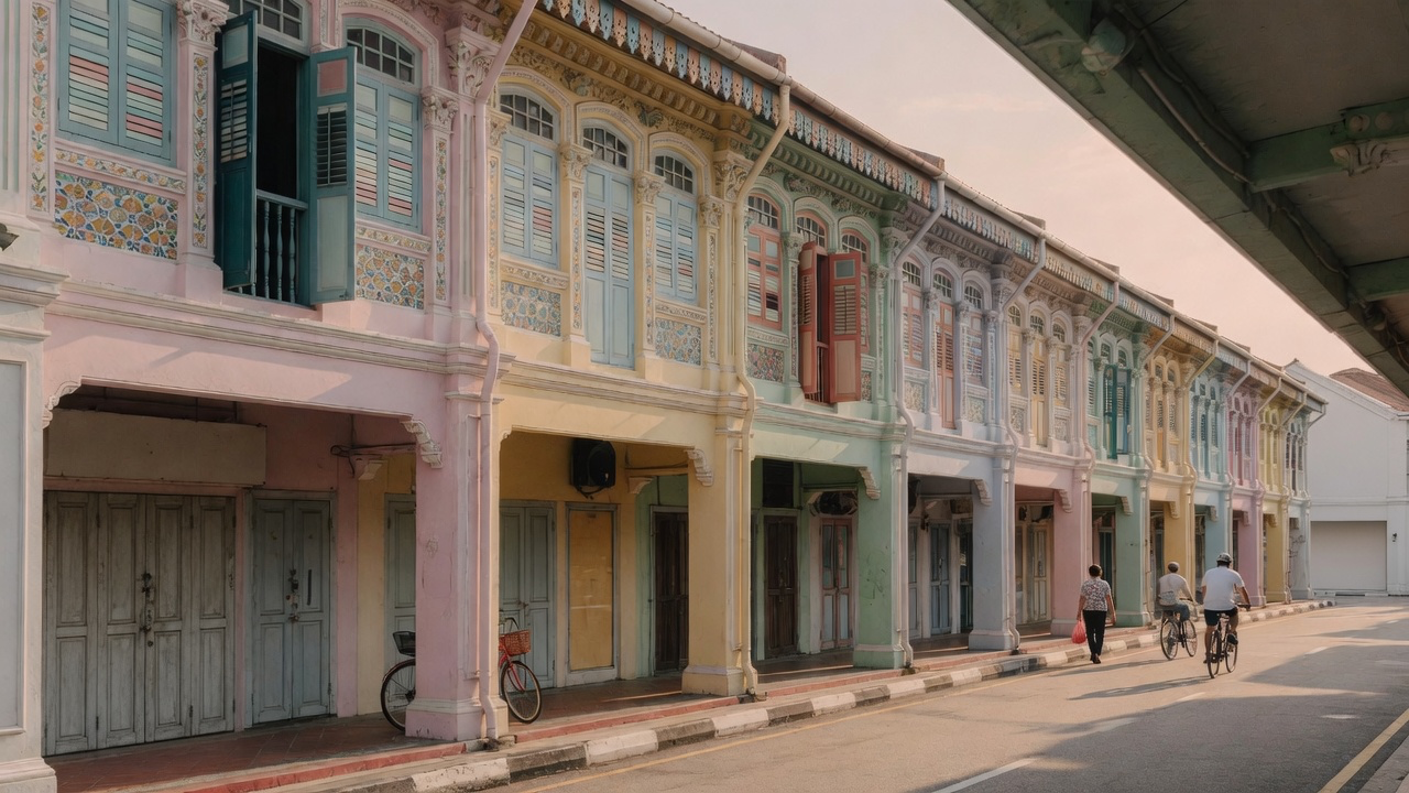Pastel-colored Peranakan shophouses with ornate shutters and tilework along a street in Katong, Singapore
