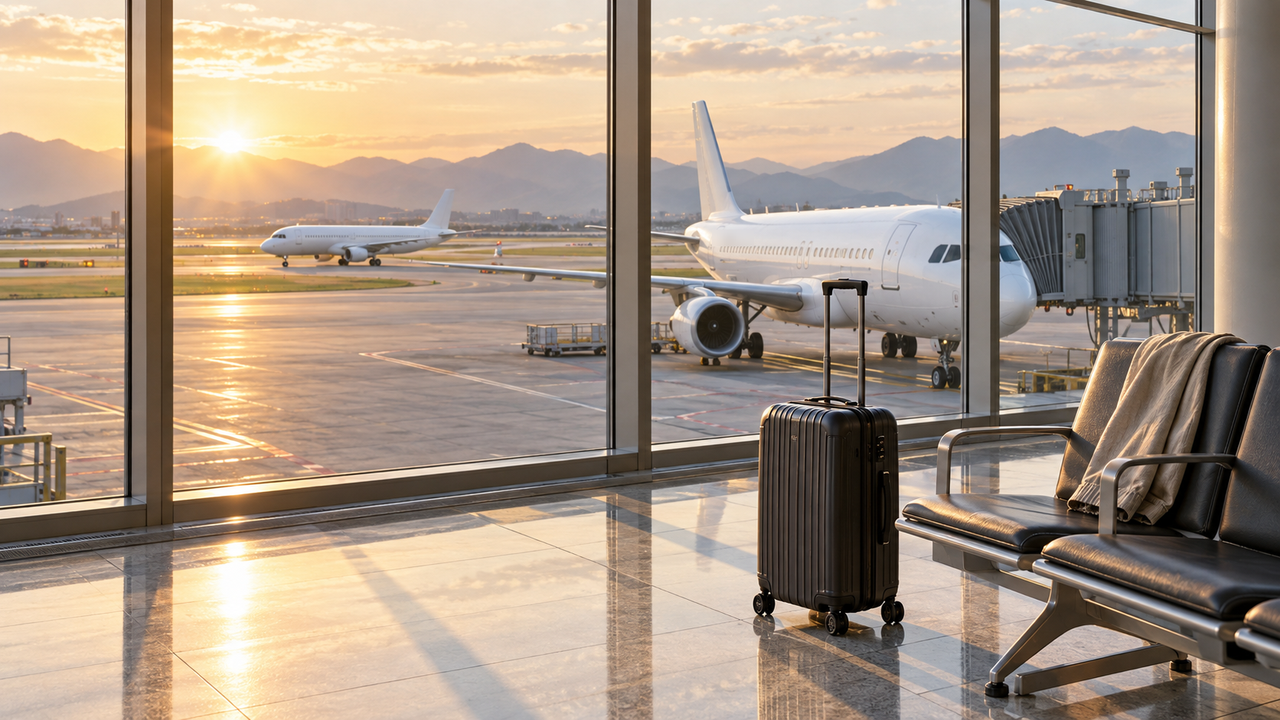 A carry-on suitcase beside empty gate seats in a sunlit airport terminal, a plain white airliner at the jet bridge and another taxiing out towards the mountains