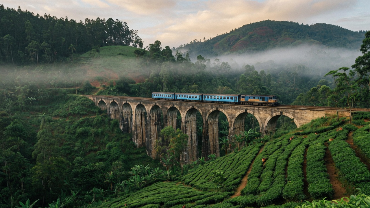 A train crossing the Nine Arches Bridge at Ella through green tea country