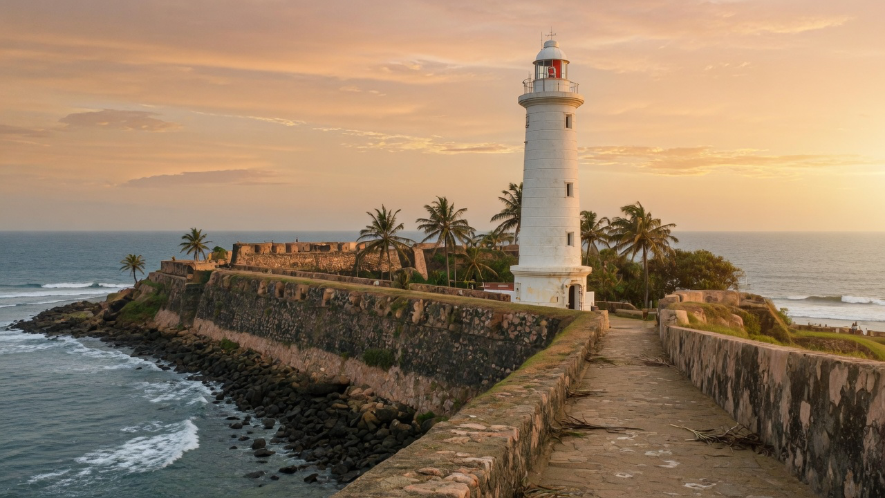 The lighthouse and stone ramparts of Galle Fort overlooking the Indian Ocean
