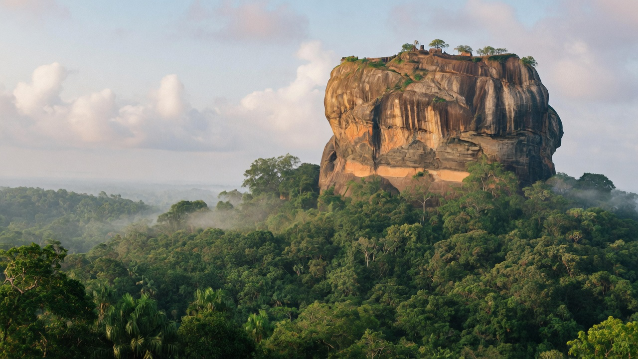 Sigiriya rock fortress rising out of the surrounding jungle plain