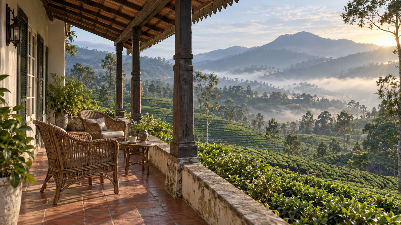 Rattan chairs on the tiled veranda of an old hill-country bungalow in Sri Lanka, looking out over terraced tea gardens and misty mountains in early morning sun