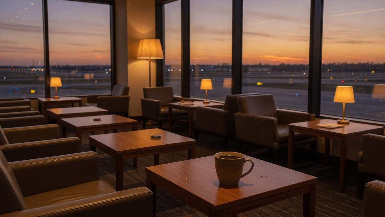 An empty airport lounge at dusk, armchairs facing floor-to-ceiling windows onto a runway