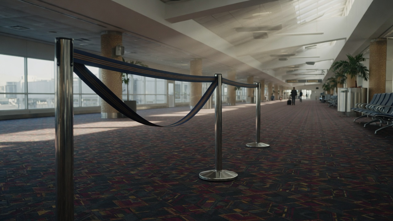 A deserted priority boarding lane in an airport terminal, two polished stanchions with a heavy woven belt strung between them and patterned carpet running away beyond