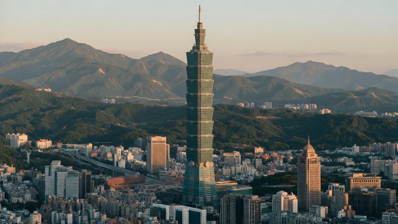 Taipei 101 rising above the city with green mountains behind