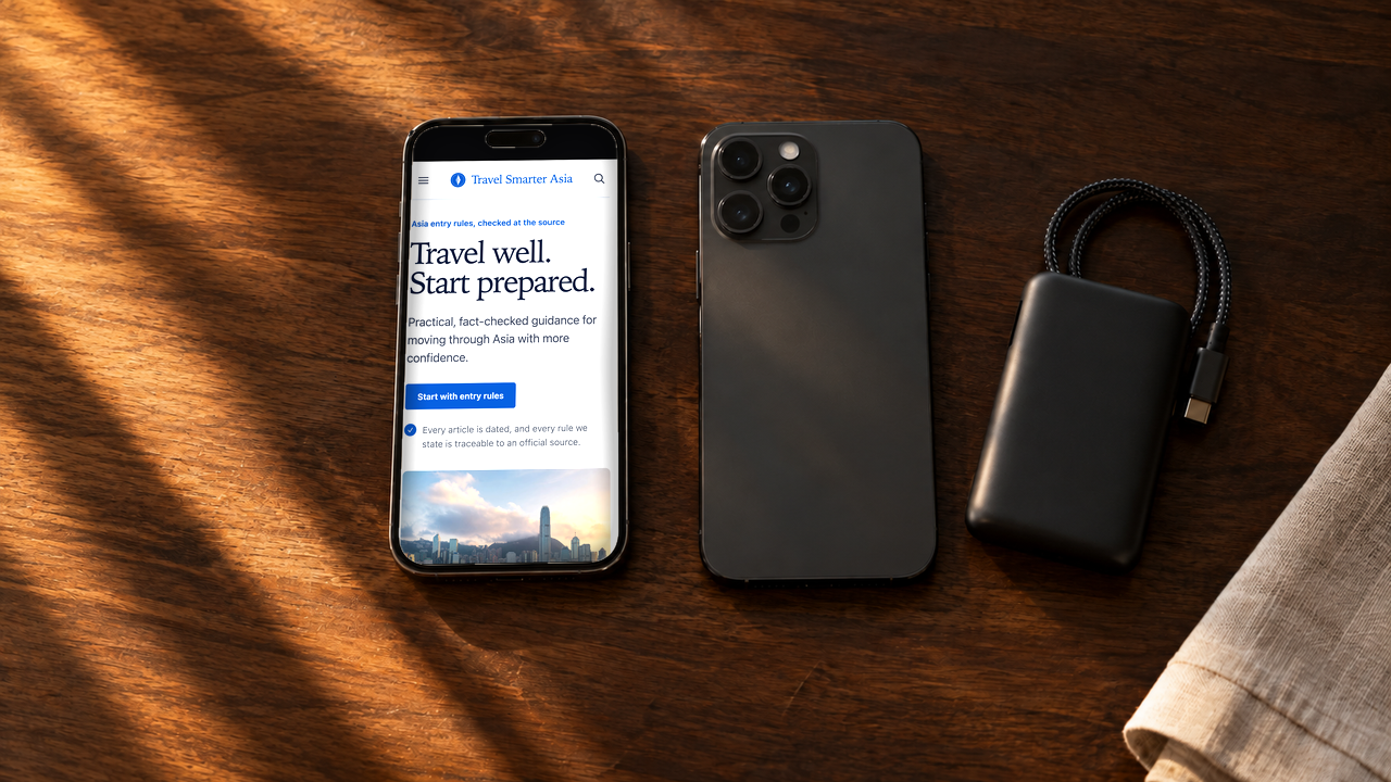 Two phones side by side on a dark walnut table in warm afternoon light, one face up showing the Travel Smarter Asia homepage and one face down, a small black power bank and a coiled cable beside them