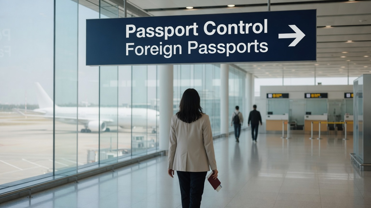 Traveler walking toward airport immigration counters beneath a Passport Control sign, holding a passport