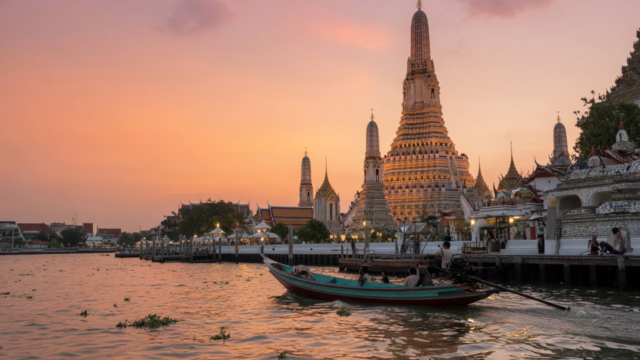 Wat Arun, the Temple of Dawn, above the Chao Phraya river in Bangkok at sunset