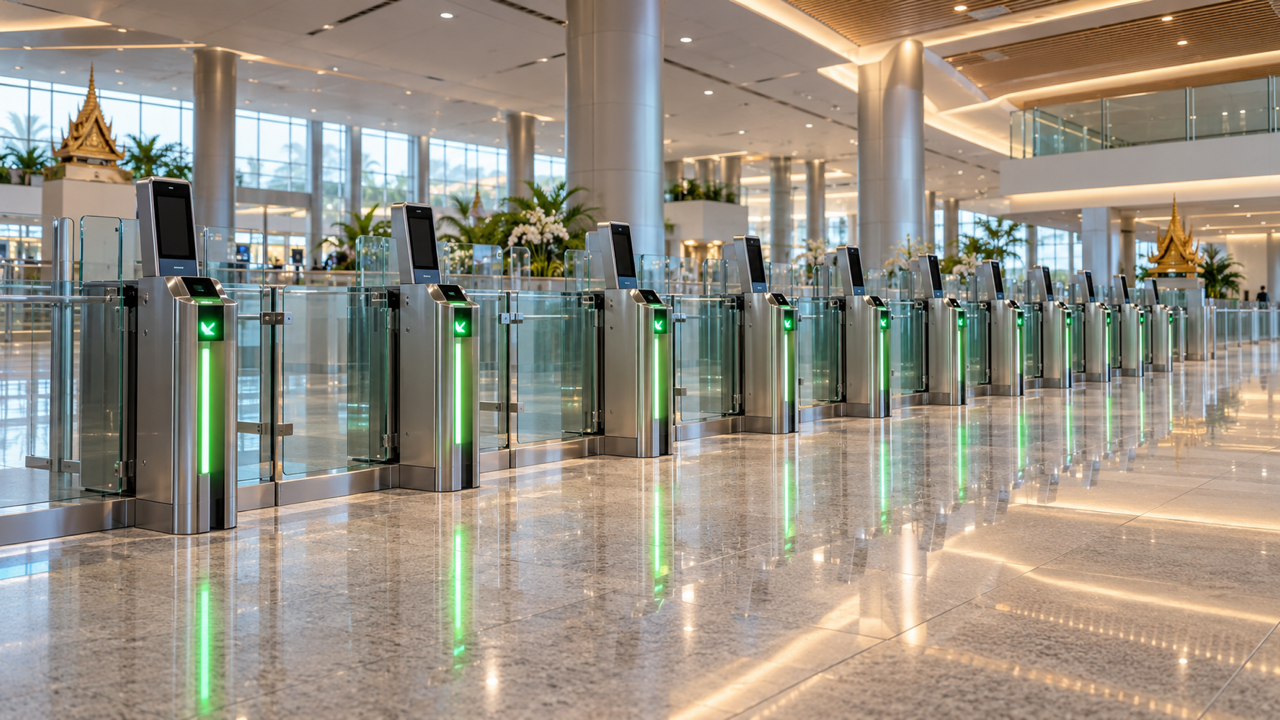 A long row of glass automated passport gates with green lights in a bright airport arrivals hall in Thailand, with gilded Thai spire ornaments among orchids and palms