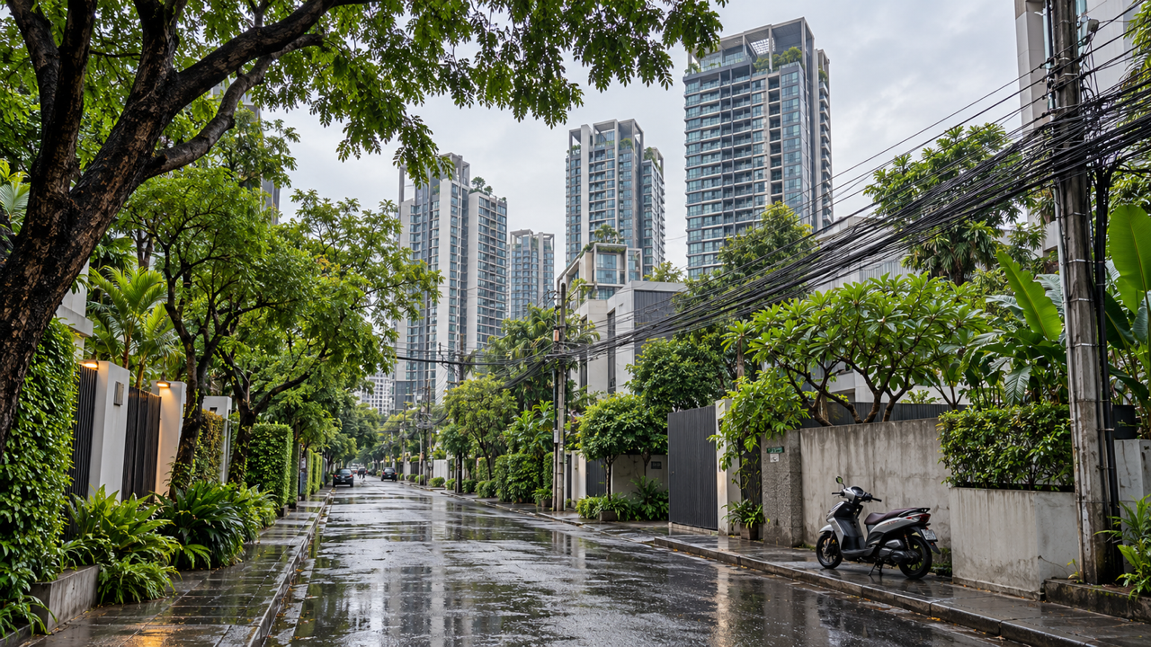 Modern condominium towers rising above a leafy side street in Bangkok after rain, with a parked scooter and tangled overhead cables beside the wet road
