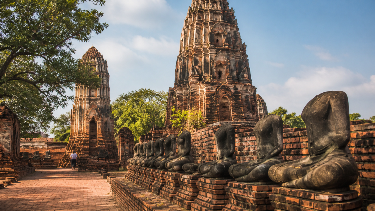 The brick ruins and chedi of the ancient temples of Ayutthaya