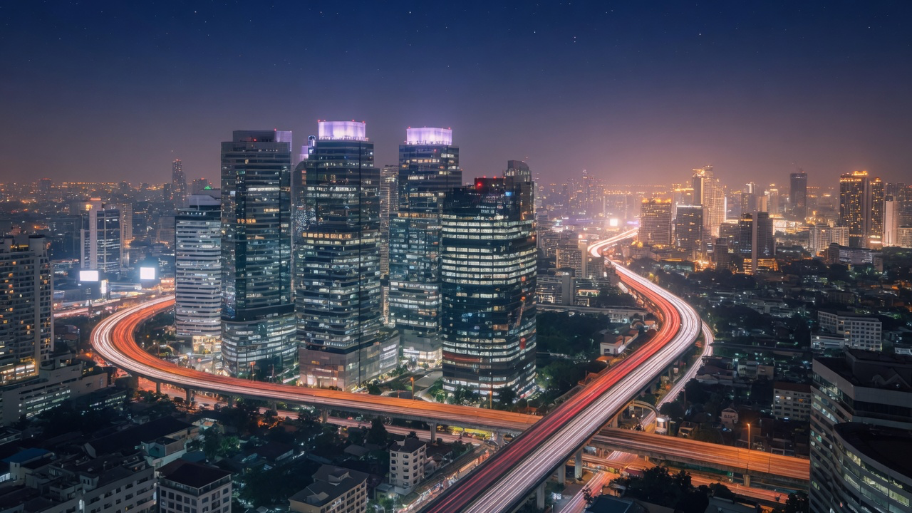 The Bangkok skyline at night seen from above, lit office towers around an elevated expressway with long red and white traffic trails curving through the city