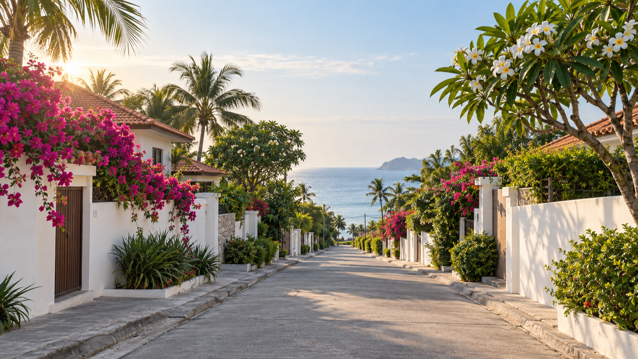 A quiet street of whitewashed houses with terracotta roofs in a seaside town in Thailand, bougainvillea and frangipani over the garden walls and the sea at the end of the road