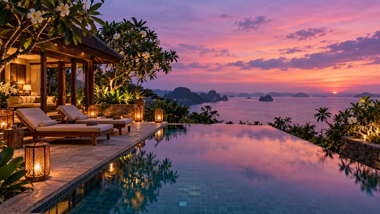 A private pool villa in Thailand at dusk, an infinity pool and lantern-lit loungers beneath frangipani trees looking out over limestone islands in a pink and violet sky