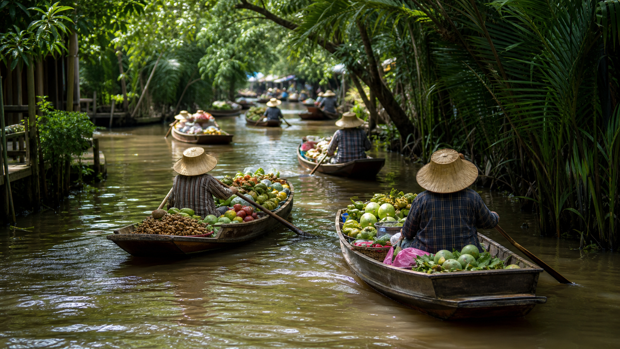 Vendors selling produce from wooden boats at a floating market near Bangkok