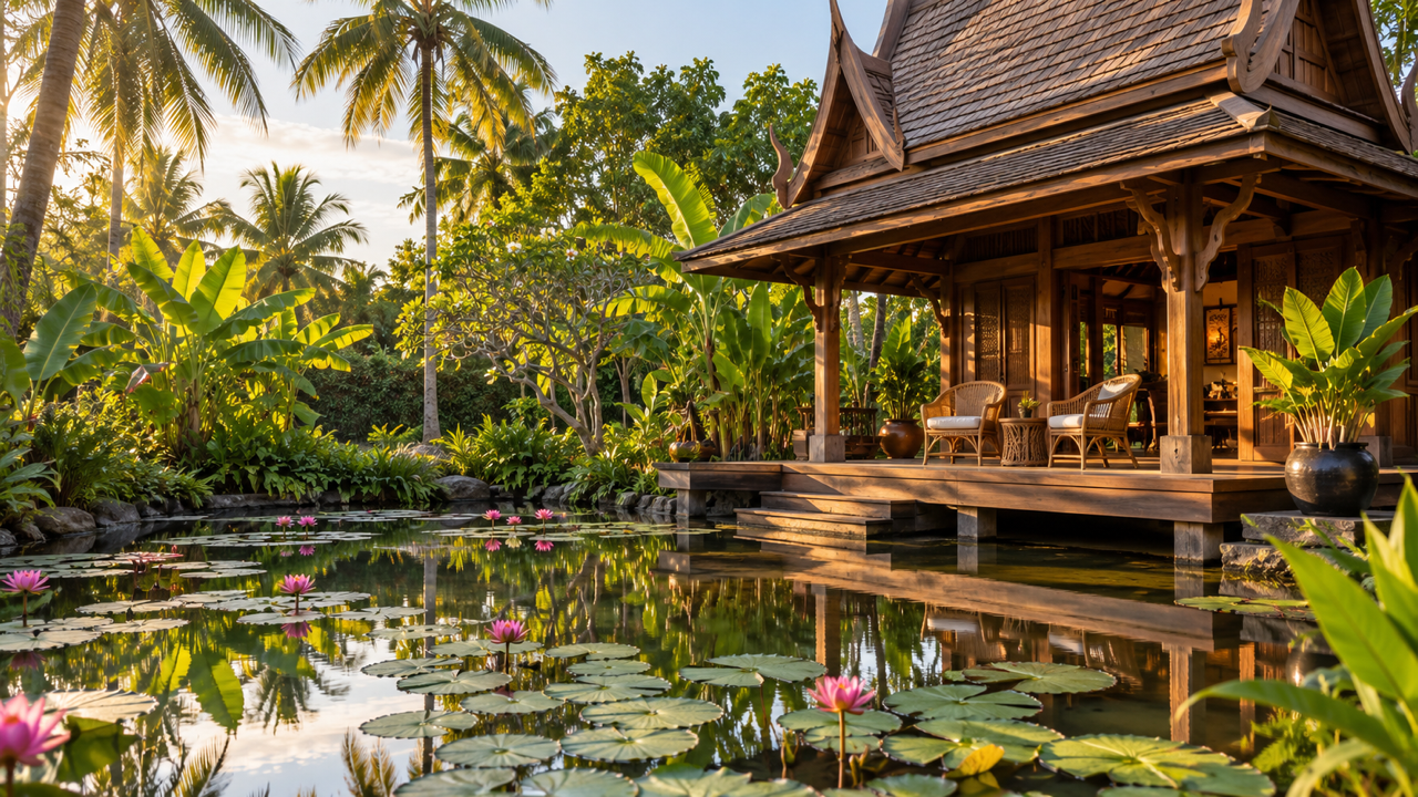 A Thai teak pavilion with a pair of wicker chairs on its veranda beside a lily pond, palms and banana plants in warm late afternoon light