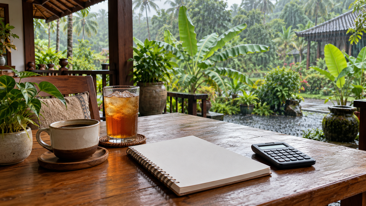 A wooden table on a veranda in Thailand with a notebook, a calculator, iced tea and a cup of coffee, and a tropical garden in heavy rain beyond