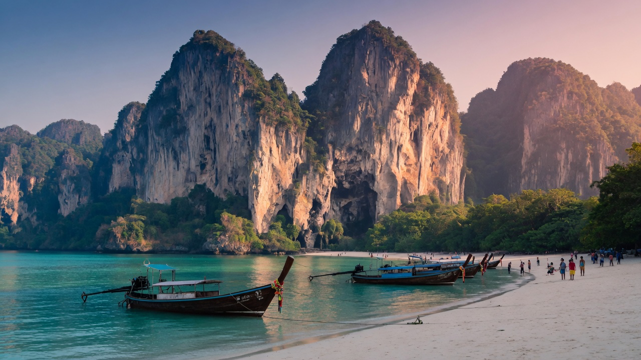 Limestone karst cliffs rising above a beach in Krabi, wooden longtail boats moored in turquoise shallows and people walking the white sand at golden hour
