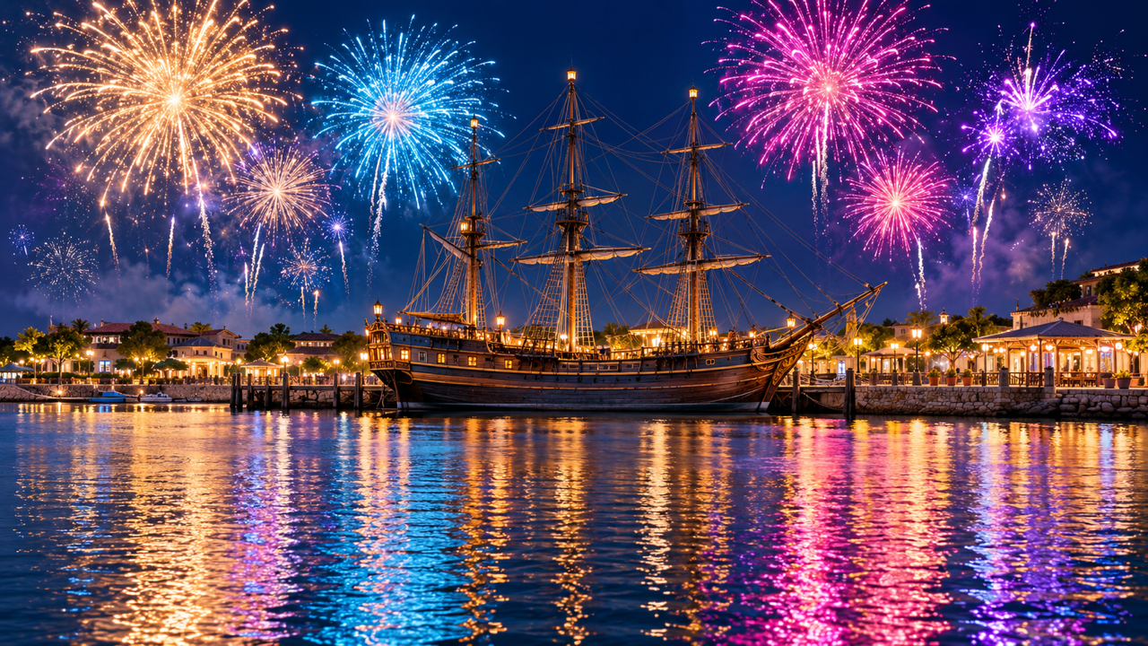 Fireworks in gold, blue and pink above an old sailing ship moored at a lit harbourside promenade, mirrored in the bay at night