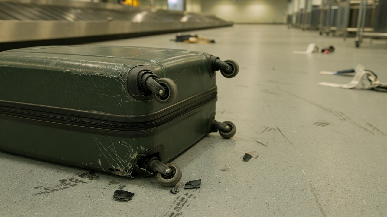 A hard-shell suitcase lying on its side on a baggage hall floor, one castor wheel snapped off and the shell cracked and scuffed at the corner under flat overhead light